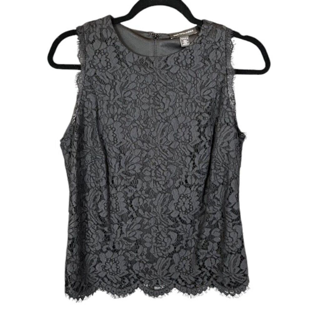 Saks Fifth‎ Avenue Black Lace Overlay Sleeveless Blouse Scalloped Black Small
